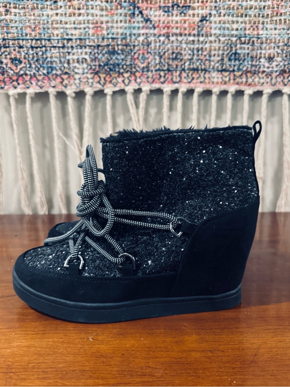 Juicy Couture Black Sparkle Faux Fur Wedge Lace-Up Boots